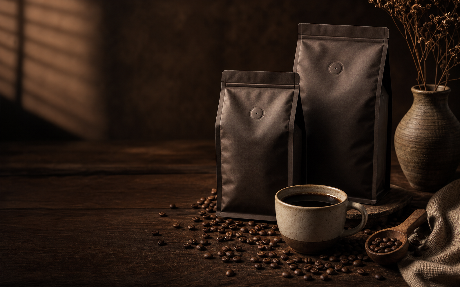 Bolsas de café, taza y granos sobre una mesa de madera