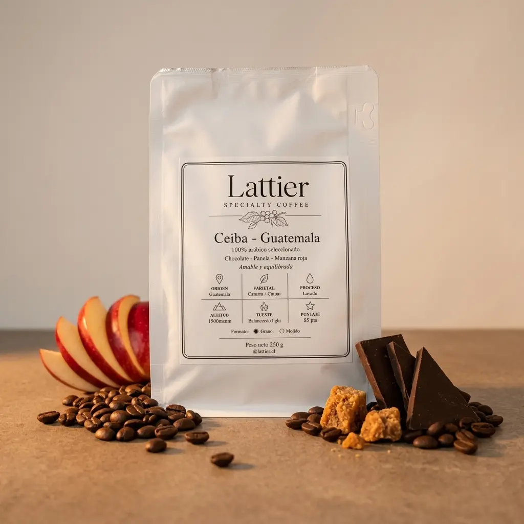 Bolsas de café, taza y granos sobre una mesa de madera